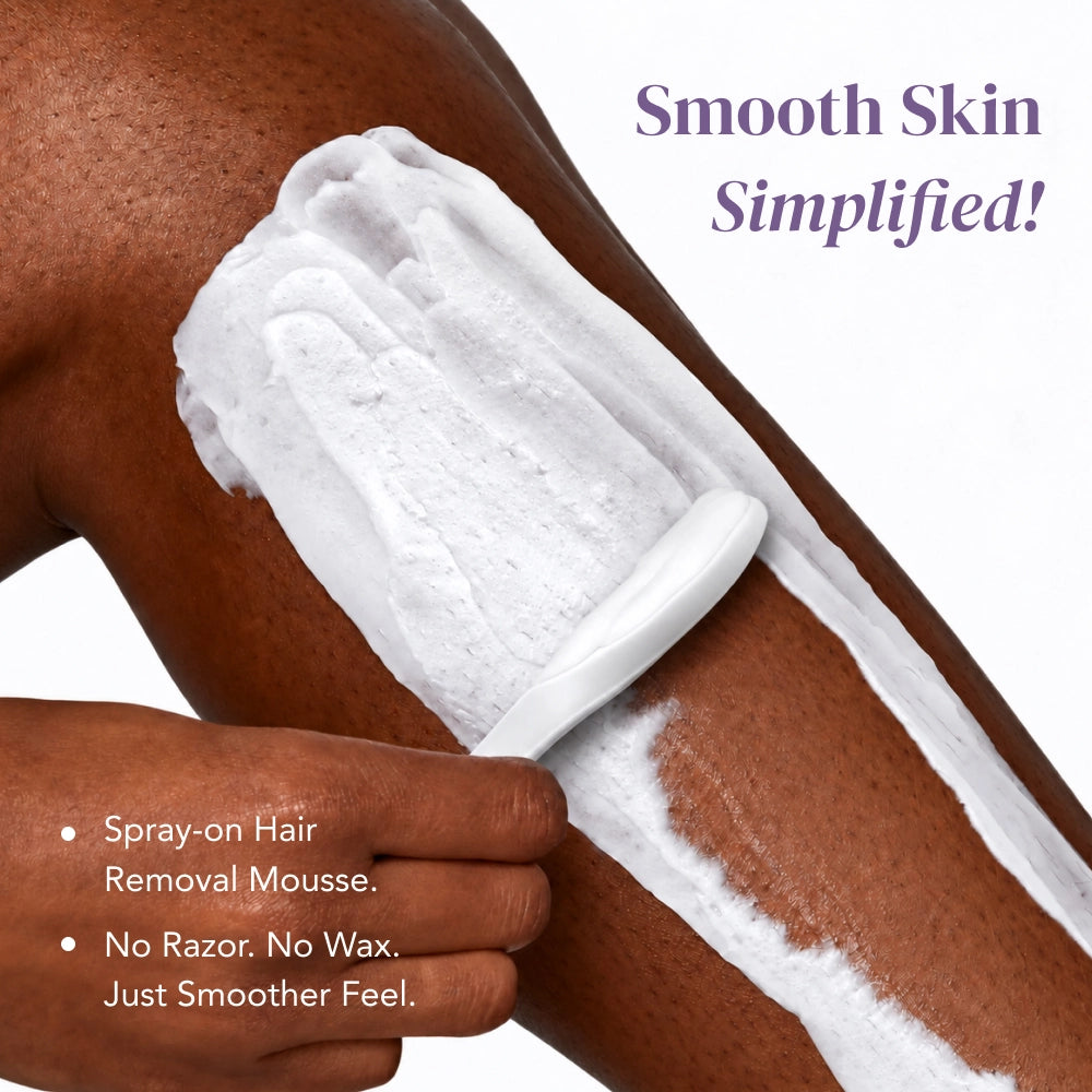 A close-up of a person's leg with white shaving foam being spread, alongside text that reads 'Smooth Skin Simplified!' and bullet points mentioning spray-on hair removal mousse.