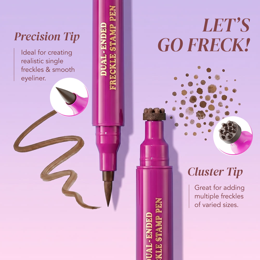 Pink freckle stamp pen with text on a purple background