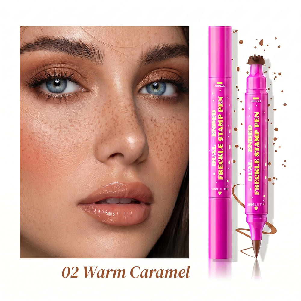 Makeup product with a close-up of a woman's face and product packaging.