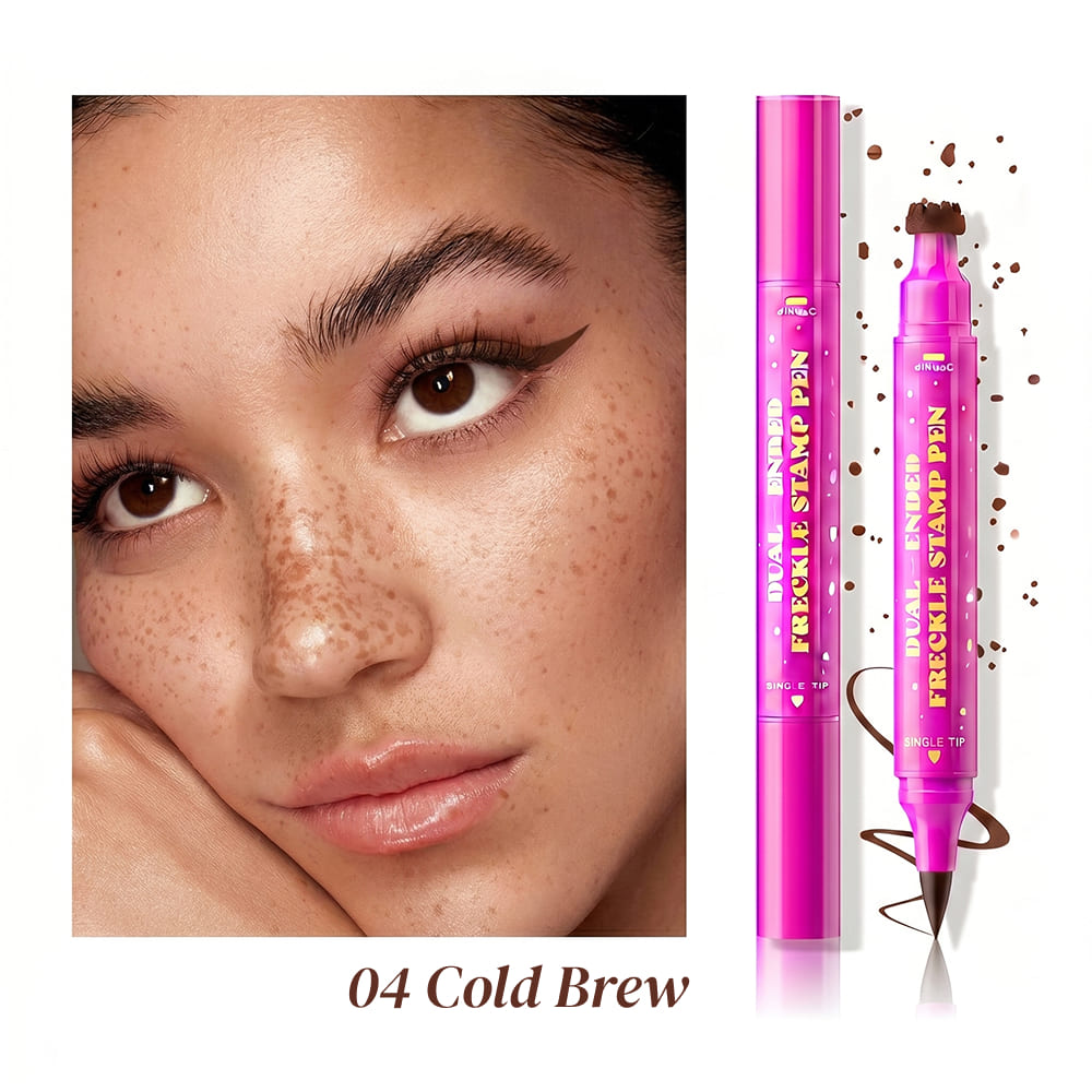 Makeup product with a close-up of a person's face and product packaging.