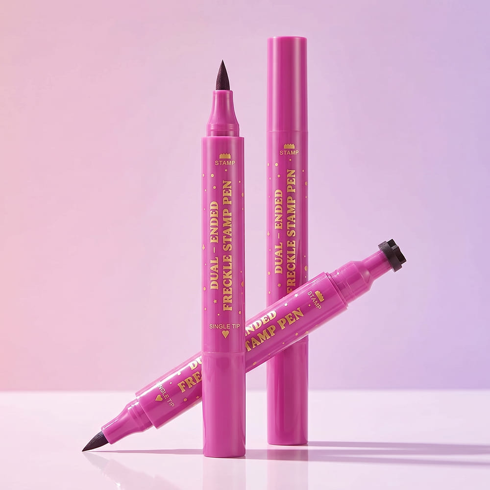 Pink freckle stamp pen with black cap on a gradient pink and purple background