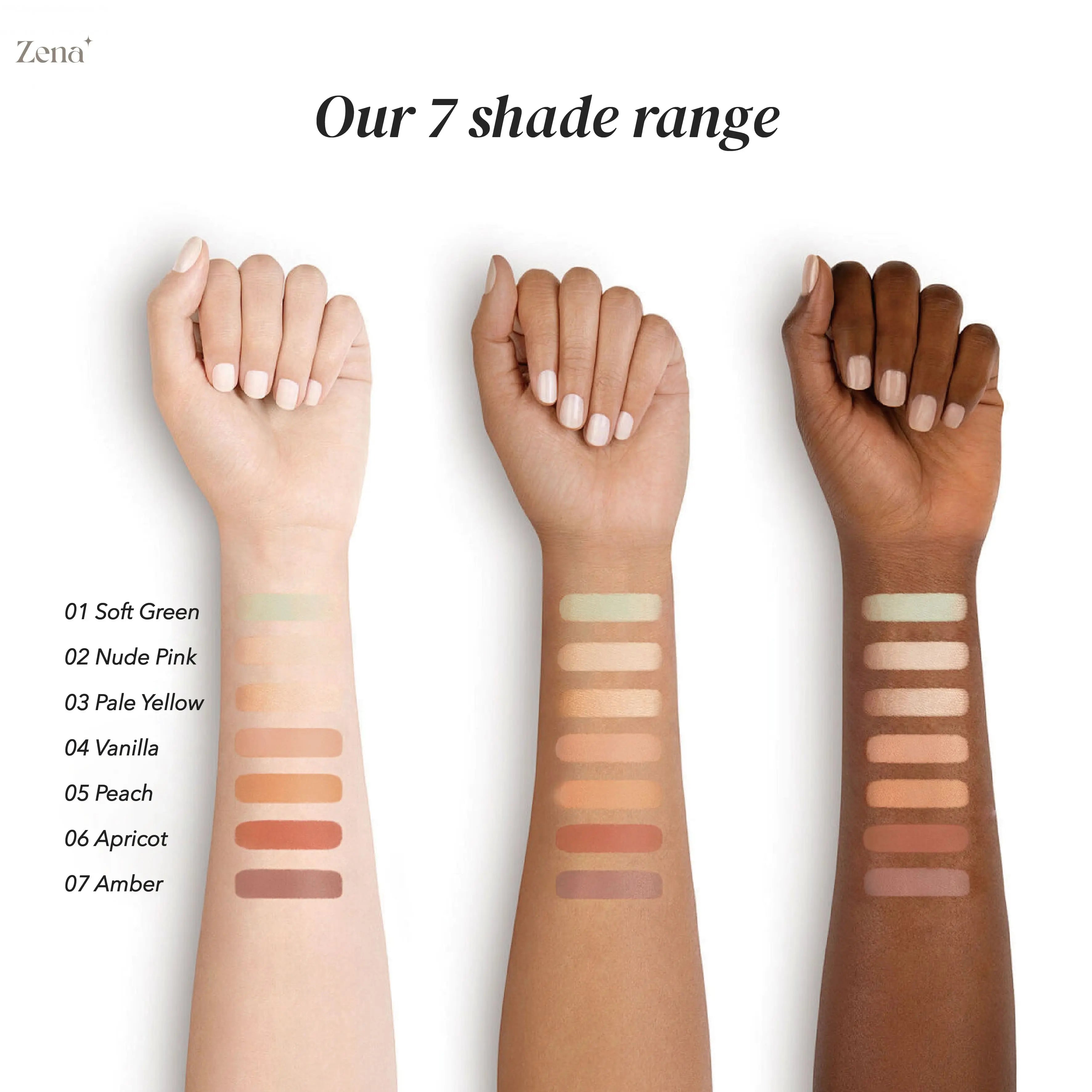 Three hands with makeup swatches on a white background, labeled with shade names.