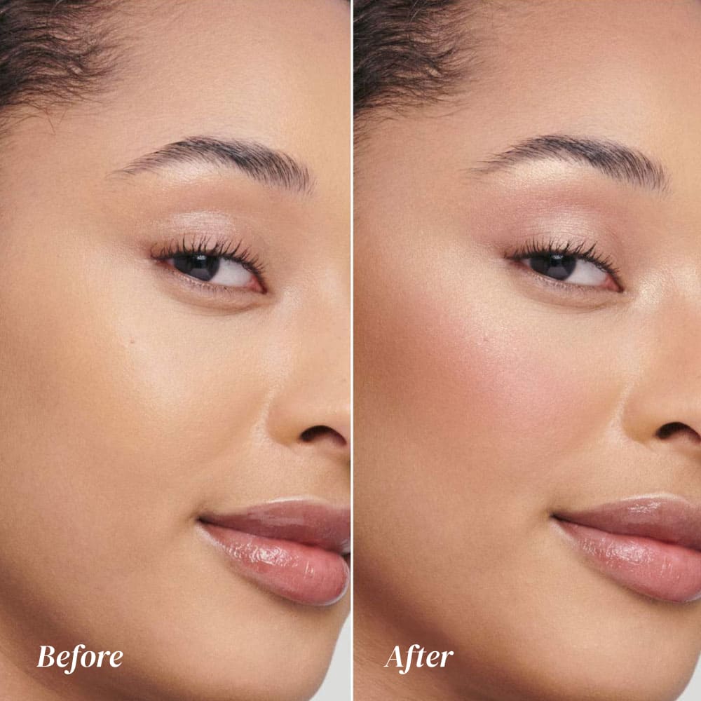 Before and after makeup comparison on a woman's face.