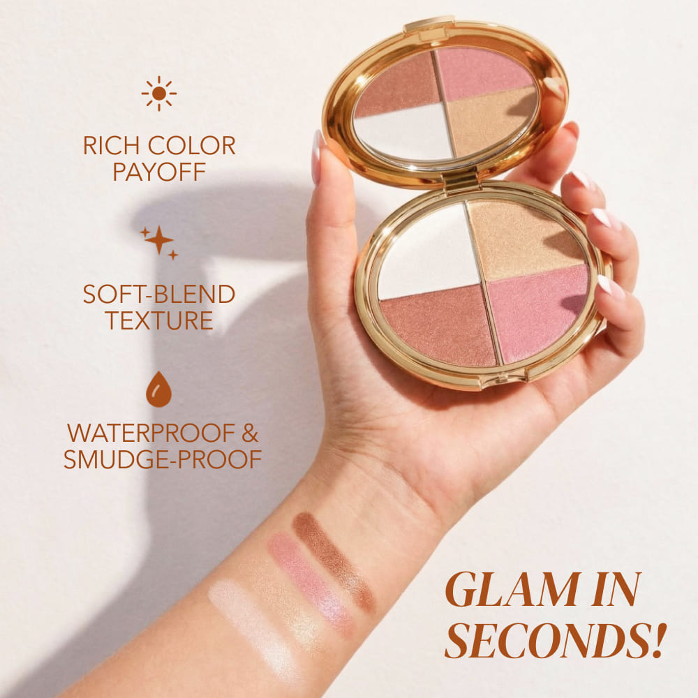 Makeup compact with blushes held by a hand, featuring text on product benefits.