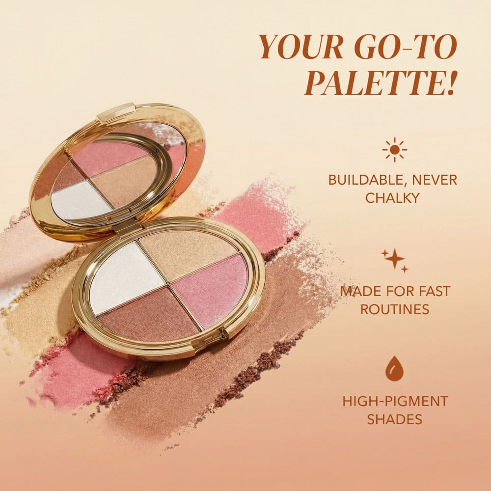 Makeup palette with pink and beige shades on a beige background, featuring text about the product's features.