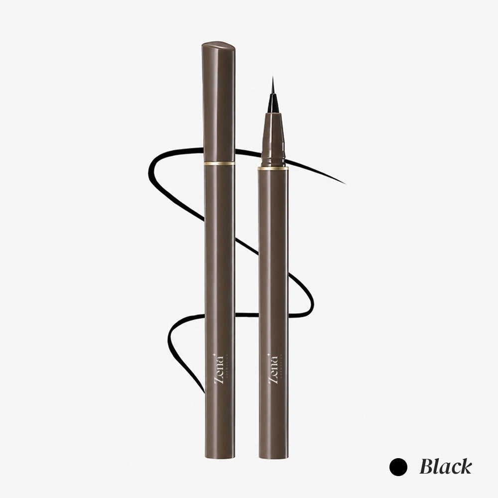 A dual-ended liquid eyeliner pen in a matte taupe-brown finish, shown with its cap off and the fine tip exposed. A black eyeliner swatch is drawn behind the pens, and the word 'Black' appears in the bottom right corner.
