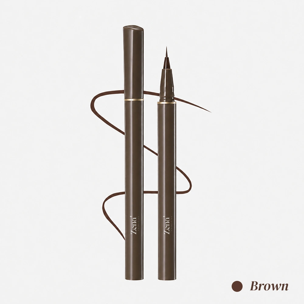 A brown liquid eyeliner pen and its cap shown on a light gray background, with a brown swirled line behind the pen and the word 'Brown' printed in the lower right corner.