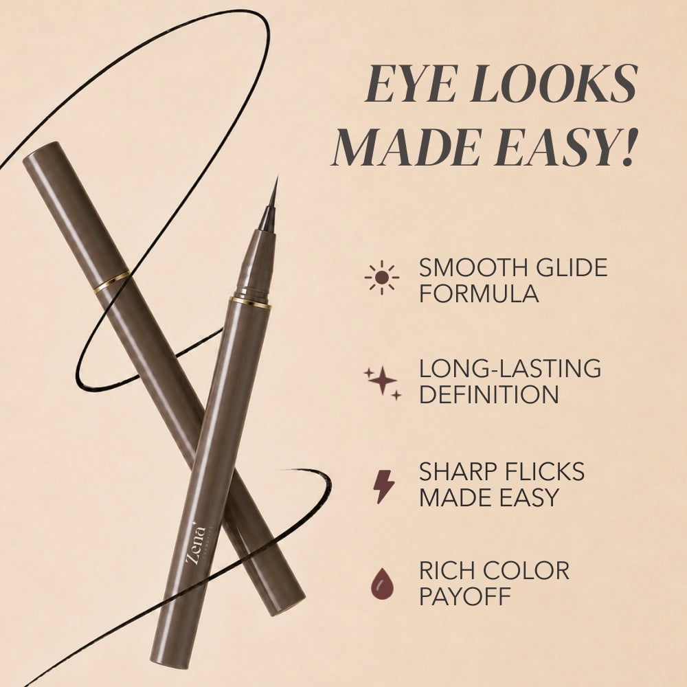 Two brown eyeliner pens crossed on a beige background with marketing text reading 'EYE LOOKS MADE EASY!' and feature callouts about smooth glide formula, long-lasting definition, sharp flicks, and rich color payoff.