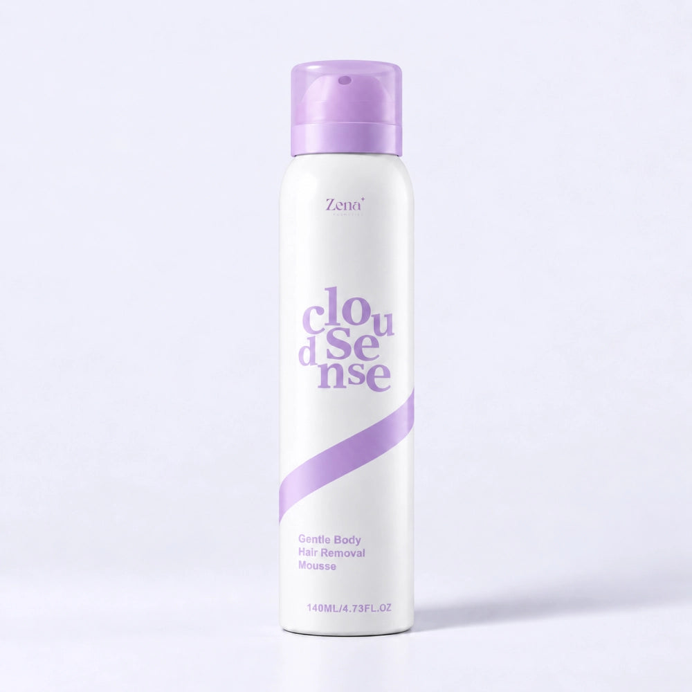 A white aerosol can of Zena Gentle Body Hair Removal Mousse with a light purple cap and purple text, set against a clean white background.