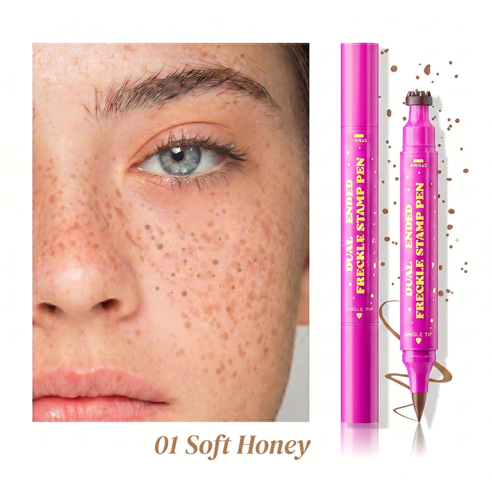 Close-up of a face with freckles and a pink freckle stamp pen labeled '01 Soft Honey'.