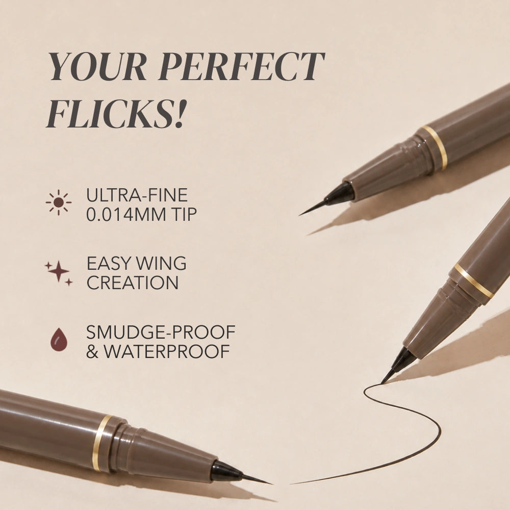 Three brown dual-tip makeup pens with gold bands are arranged on a warm beige background with promotional text reading 'YOUR PERFECT FLECKS!' and feature callouts for ultra-fine 0.014mm tips, easy wing creation, and smudge-proof waterproof finish.